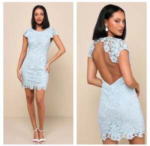 Lulus Romance Language Light Blue Backless Lace Mini Dress